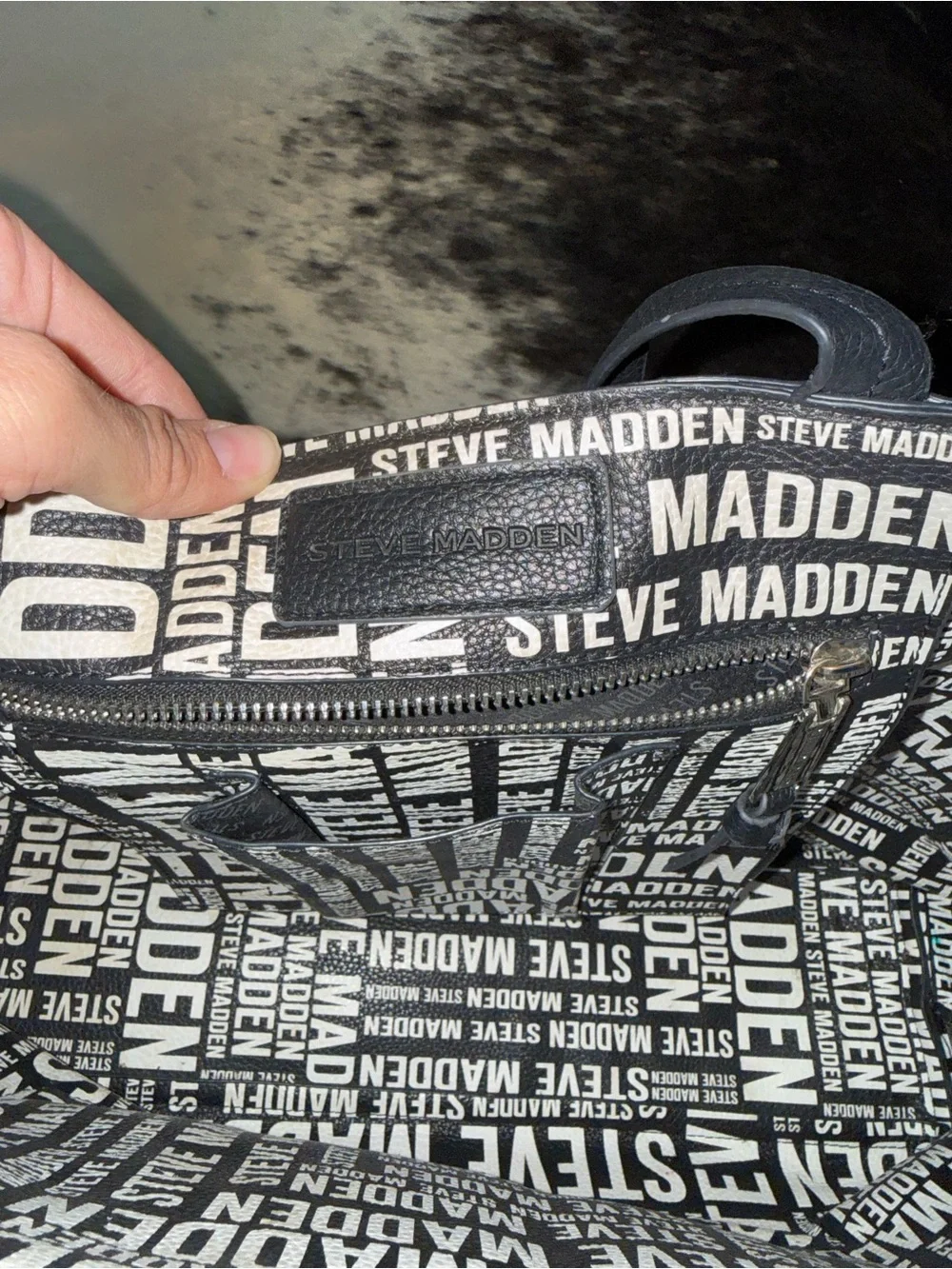 Steve Madden Black Faux-Leather Tote with White Logo